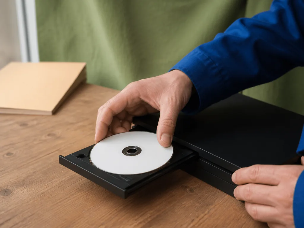 Photorealistic editorial photograph: hands in workwear blue sleeves placing a blank game disc into a plain console tray,