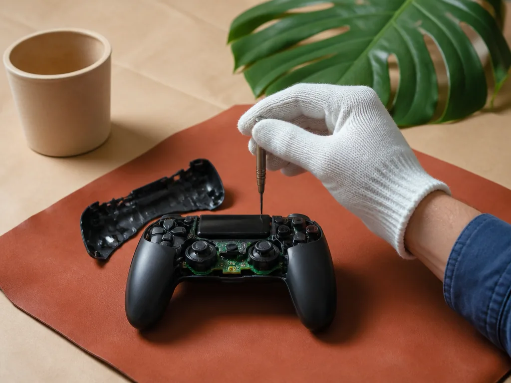 Photorealistic editorial photograph: a gloved hand holding a small unmarked screwdriver over a disassembled controller o