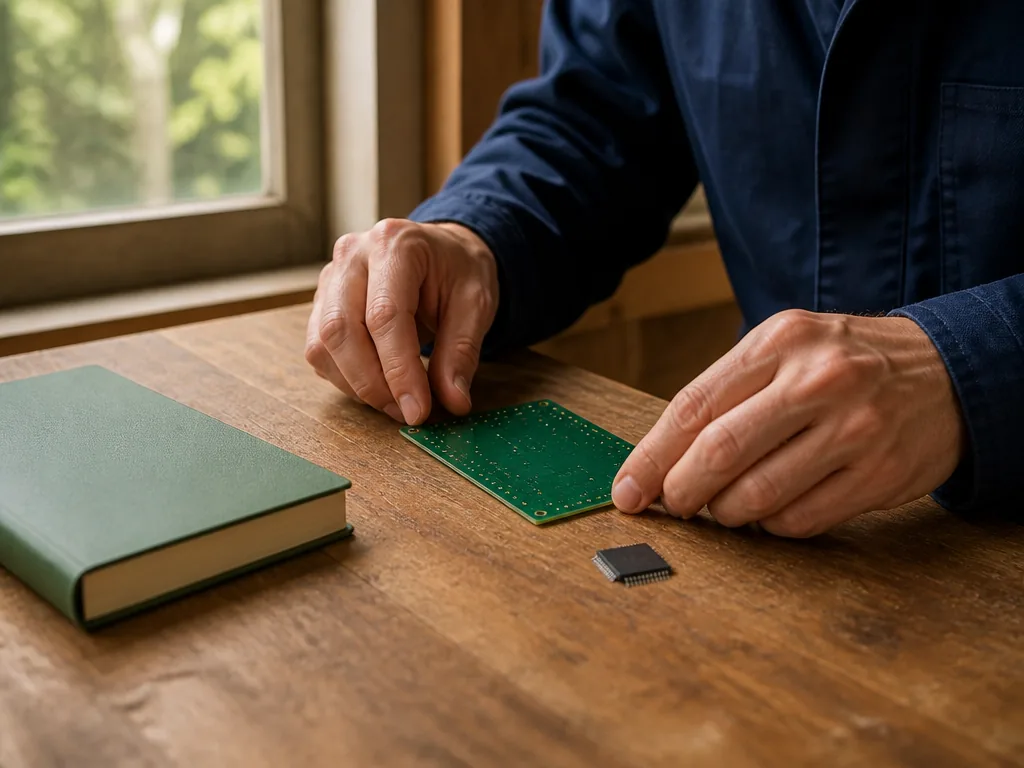 Photorealistic editorial photograph: a developer's hands at a wooden workbench aligning a blank circuit board beside a s