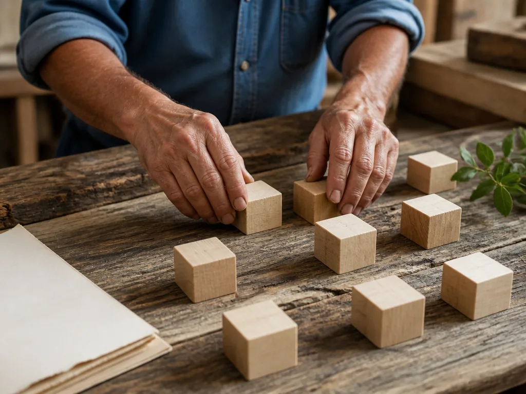 Photorealistic editorial photograph: weathered hands place blank wooden blocks on a rough wooden table, each block space