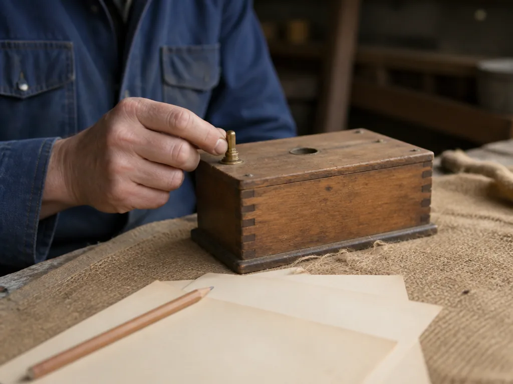 Photorealistic editorial photograph: close-up of a hand adjusting a small brass toggle on an old wooden box, scattered b
