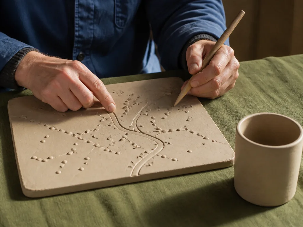 Photorealistic editorial photograph: fingers trace a path across a textured clay board with small raised bumps, other ha