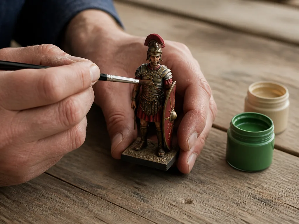 Photorealistic editorial photograph: a painter’s hand dry-brushing a small Roman legionary figurine on a raw wood table,