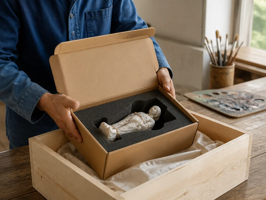 Photorealistic editorial photograph: a customer’s hands lifting a cardboard shipping box from a delivery crate, lid open