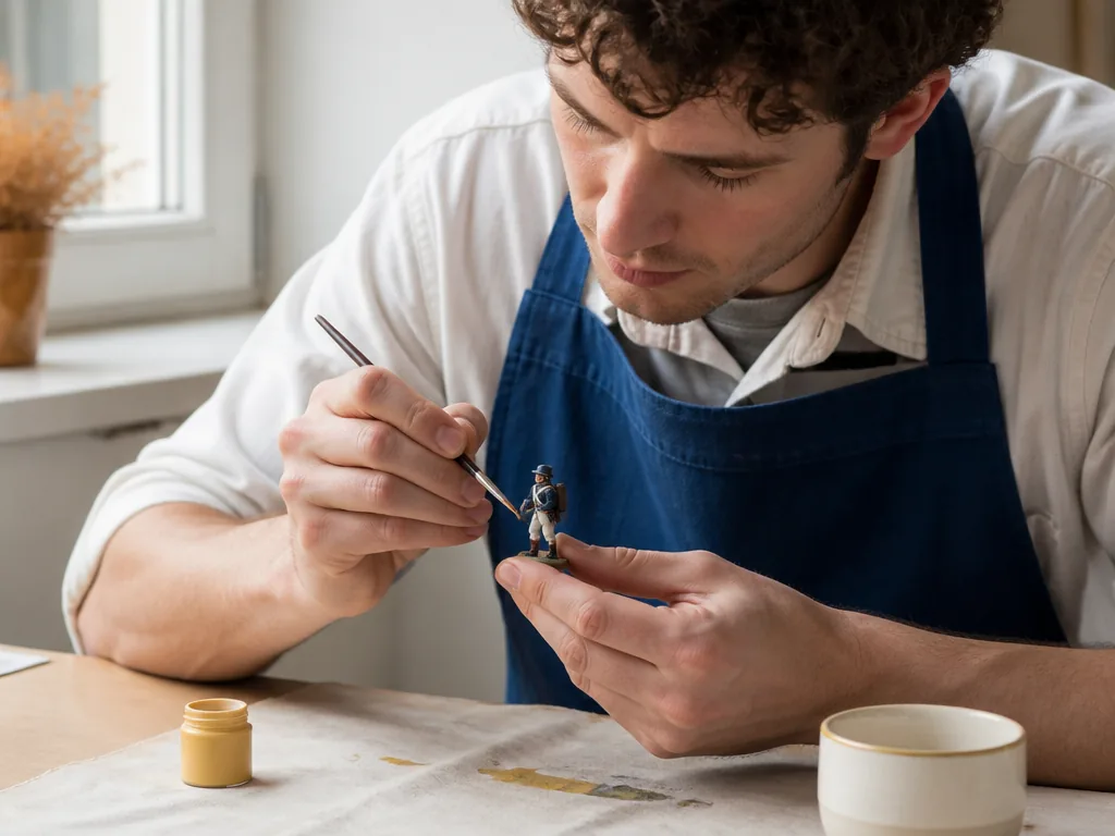 Dans le magasin de figurines historiques, un client peint une figurine sous une lampe
