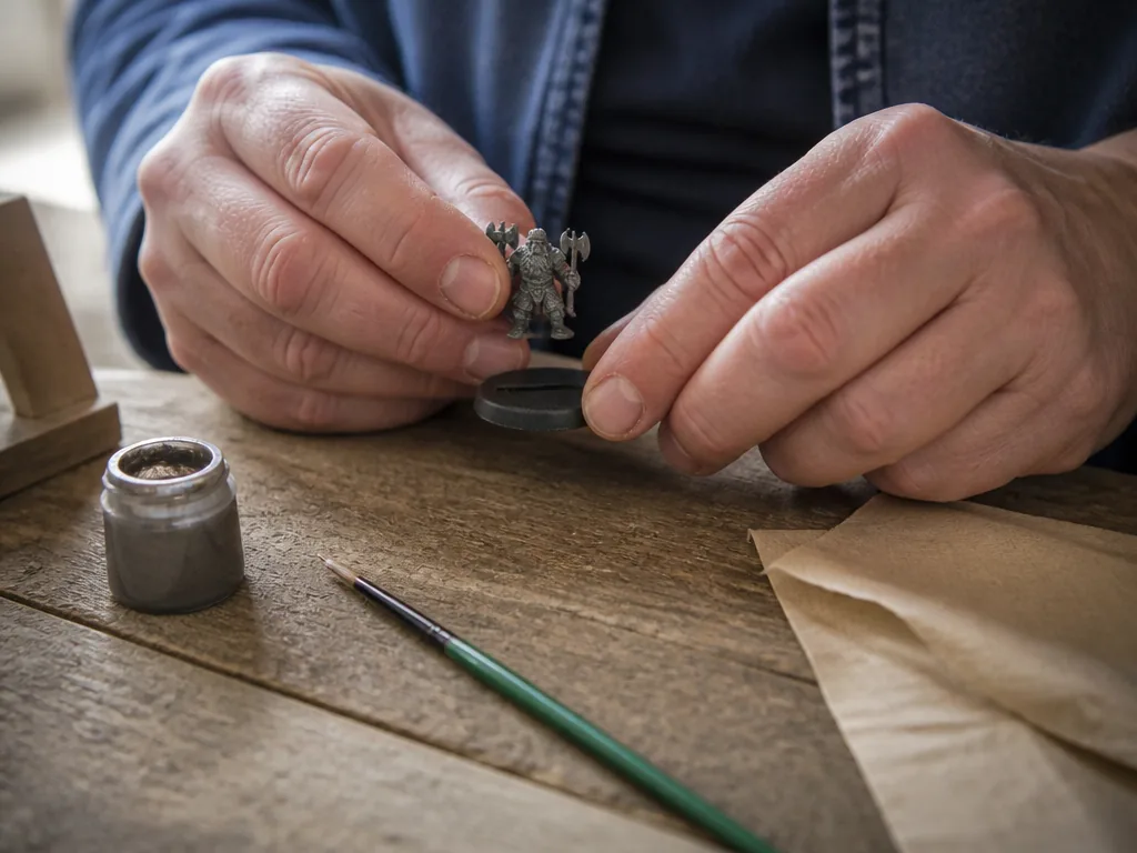 Photorealistic editorial photograph: a crafter's hands assembling a 15mm fantasy dwarf miniature onto a raw wood workben