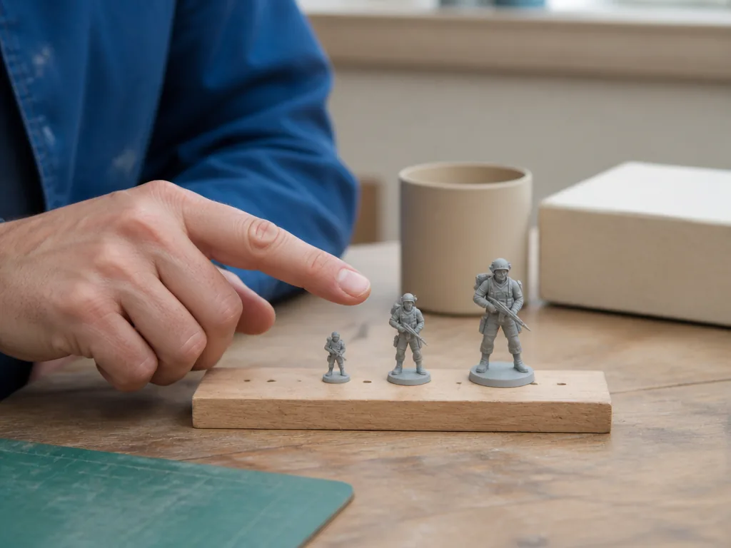 Photorealistic editorial photograph: three unpainted miniature figures (10mm, 15mm, 28mm) standing on a wooden ruler str