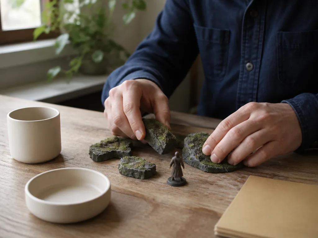 Photorealistic editorial photograph: hands assembling a miniature diorama on raw wood, open terrain pieces and a small s