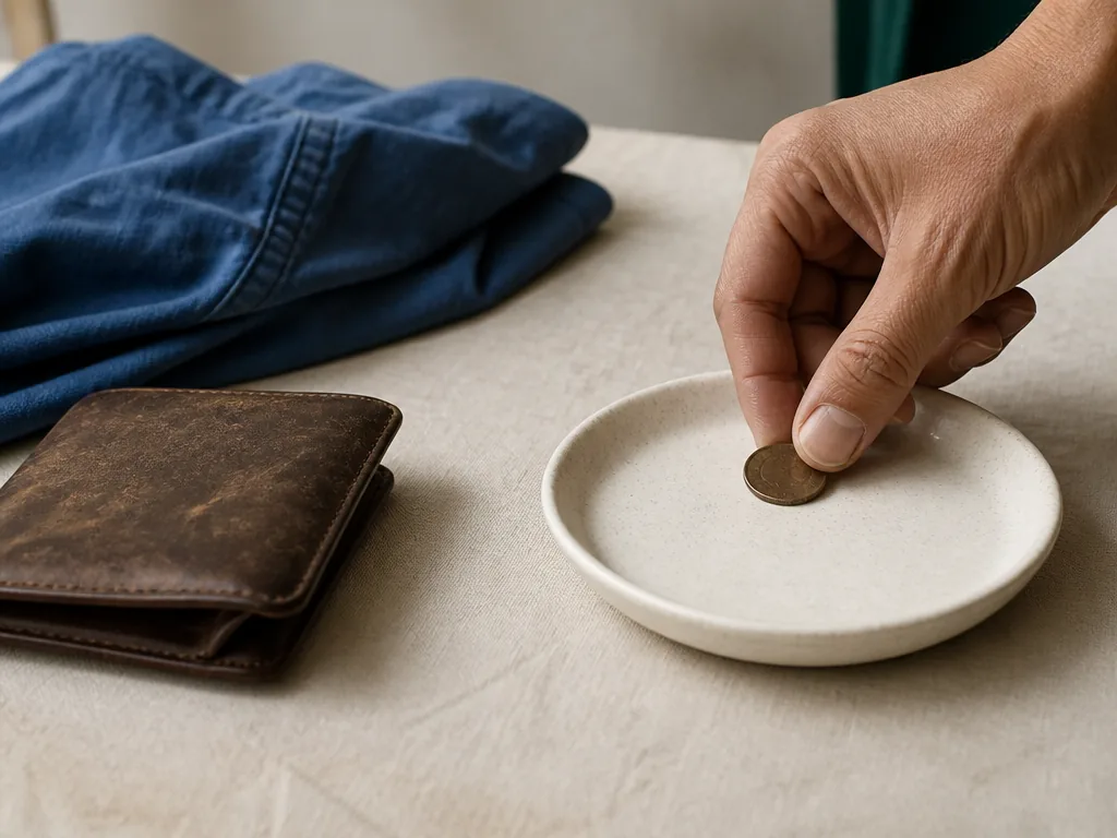Photorealistic editorial photograph: a hand placing a coin on a blank ceramic dish beside a worn leather wallet and fold