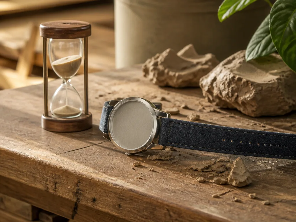 Photorealistic editorial photograph: a wristwatch with blank face on a wooden workbench next to a small hourglass and sc